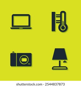 Set Laptop, Table lamp, Photo camera and Meteorology thermometer icon. Vector