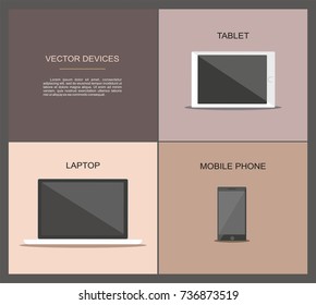  Set of laptop, tablet and mobile phone. Flat vector devices design style concept.