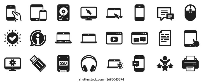Conjunto de signos de portátil, Tablet PC y Smartphone. Iconos de dispositivos móviles. Unidades de disco duro, SSD y Flash. Auriculares, dispositivos de impresora e iconos de ratón. Burlas del discurso de chat. Comprobación aprobada, documento. Vector