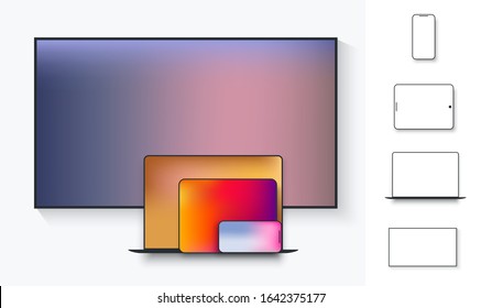 Set of laptop, tablet, tv, smartphone with shadow vector illustration. Screen flat vector icon for apps and websites. Outline mockup electronics. 