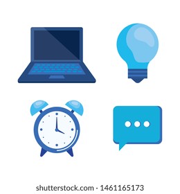 set of laptop technology with bulb idea and alarm with chat bubble