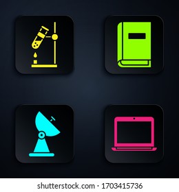 Set Laptop, Test tube flask on fire, Radar and User manual. Black square button. Vector