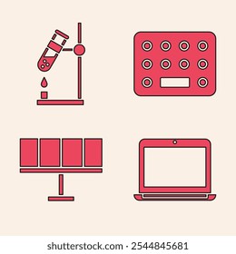 Coloque o laptop, teste o frasco do tubo no fogo, comprimidos em blister e ícone do painel de energia solar. Vetor