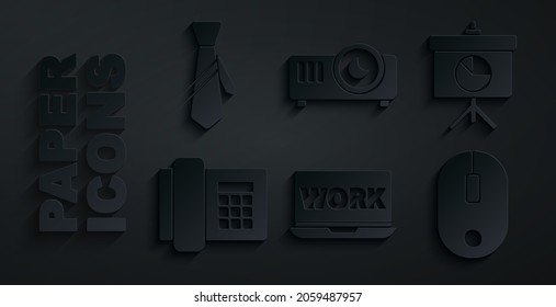 Ajuste el portátil con el trabajo de texto, el diagrama de álbumes, el teléfono, el ratón de ordenador, la película, la película, el proyector de medios y el icono de mosaico. Vector