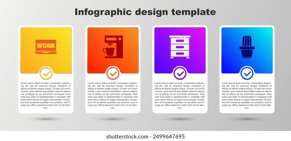 Set Laptop with text work, Coffee machine, Drawer documents and Cactus and succulent pot. Business infographic template. Vector