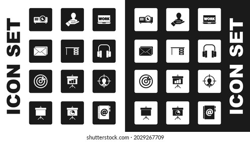 Set Laptop with text work, Office desk, Envelope, Movie, film, media projector, Headphones, Hand for search people, hunting concept and Target sport icon. Vector