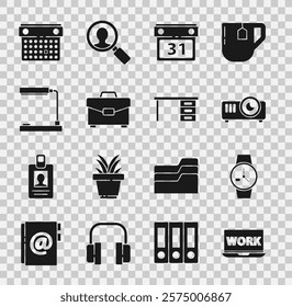 Set Laptop with text work, Wrist watch, Movie, film, media projector, Calendar, Briefcase, Table lamp,  and Office desk icon. Vector