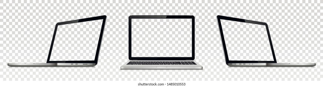 Set of laptop with transparent screen. Perspective, top and front view. Vector illustration of responsive web design.