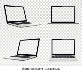 Set of laptop with transparent screen. Perspective, top and front view.