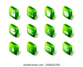 Set Laptop, Trash can, Clock, Binder clip, Chalkboard with diagram, Scissors, Certificate template and Magnifying glass icon. Vector