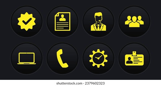 Set Laptop, Users group, Telephone handset, Time Management, with headset and Resume icon. Vector