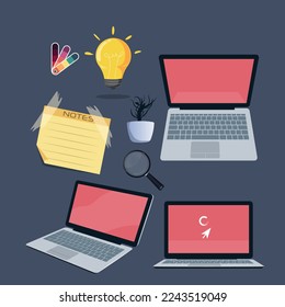 Set of laptop vector in different angles with a sticky note idea bulb cursor and loading circle. Perfect Workspace clipart or stickers for any graphic design project.
