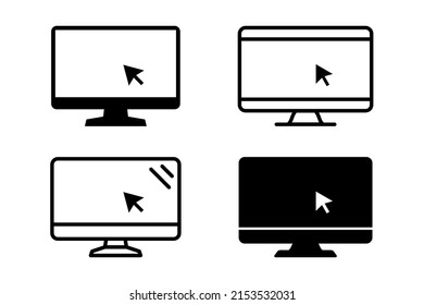Conjunto de iconos vectoriales de portátiles en diferentes estilos con puntero o icono de cursor. Pantalla para portátiles. Icono de monitor para proyectos de diseño gráfico. Monitor de ordenador con pantalla en blanco. Mostrar con el clic del ratón