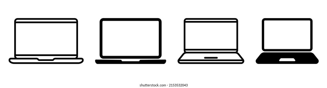 Set of laptop vector icons on differents style. Notebook screen. Monitor icon for graphic design projects. Vector illustration. Computer monitor display with blank screen isolated on white background
