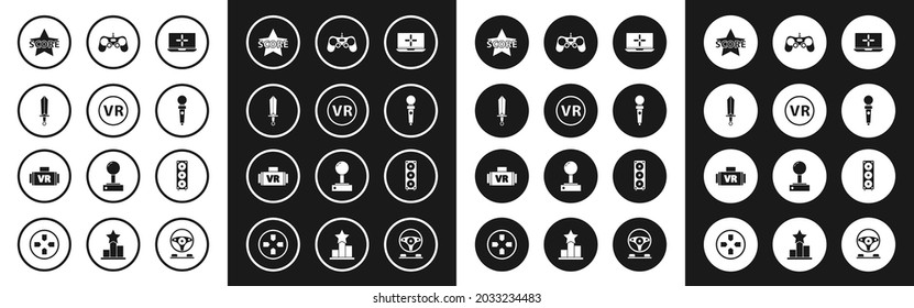 Set Laptop, Virtuelle Realität Brille, Schwert für Spiel, Star, Joystick-Arcade-Maschine, Gamepad, Stereo-Lautsprecher und Icon. Vektorgrafik