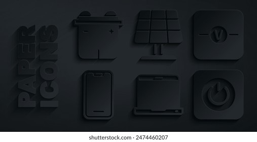 Set Laptop, Voltmeter, Mobile phone, Power button, Solar energy panel and Car battery icon. Vector