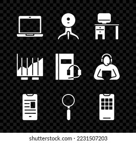 Set Laptop, Web camera, Computer monitor and desk, Online book mobile, Magnifying glass, Mobile phone, Pie chart infographic and Audio icon. Vector