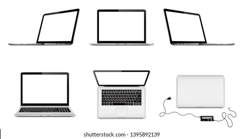 Set of laptops with blank screen in different positions