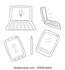 Set of laptops and computer tablets.Contour black and white isolated illustration in doodle style on white.