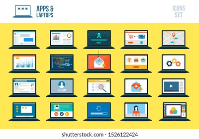 Set of laptops with different apps and services: shopping, education, social media, maps, finance, development technology and security