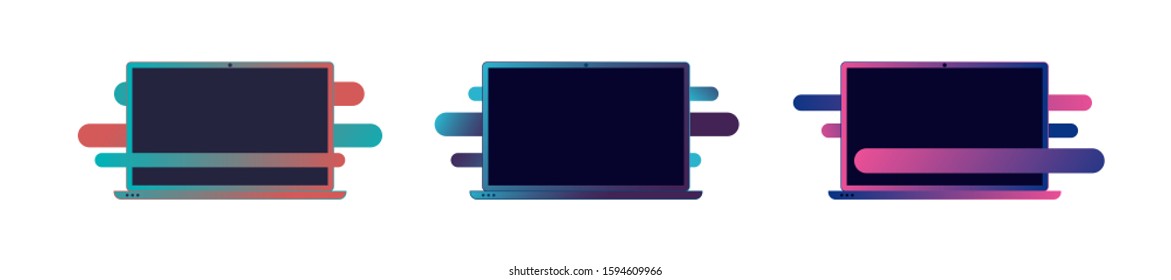 Set of laptops with gradient colors - purple, turquoise, red, green, blue. Open laptops with abstract stripes. Modern gradient colors on computer. Vector illustration