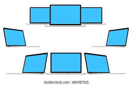 Set of laptops Macbook Pro in different positions isolated on white background. Mockups can be use for showcase your web projects, presentations and screenshots web pages. Vector illustration