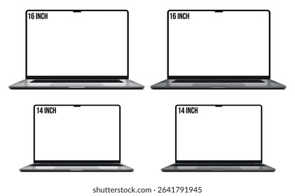 Set of Laptops with a modern frameless blank screen - 14 and 16 inches in black and silver color, isolated on a transparent background. Ultra-high-detail photorealistic EPS 10 vector format.