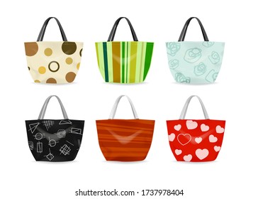 set of large beach bags. Print with hearts, geometric shapes, circles and stripes. Vector template for Colorful Women Bag summer 2020 design  on white background. Flat design Summer Striped bag