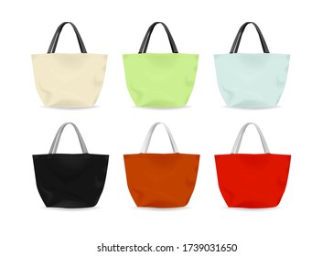 eine Reihe großer Strandtaschen. Vector Vorlage für farbenfrohe Frauen Beutel Sommer 2020 Design auf weißem Hintergrund. Flachdesign Sommergestreifte Tasche