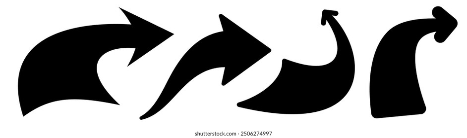 A set of large bold curved arrow icons in black, showcasing smooth and flowing shapes for creative navigation and direction. Vector illustration.