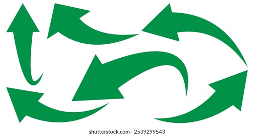 A set of large bold curved arrow icons in green, showcasing smooth and flowing shapes for creative navigation and direction. Vector illustration.