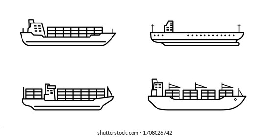 Set of large cargo ships. Modern container sea vessel. Vector illustration.