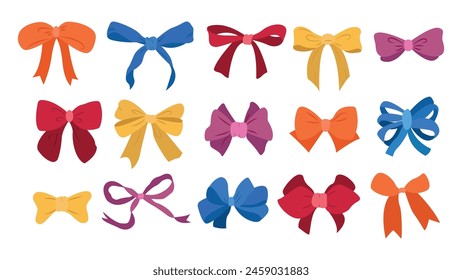 Set of a large collection of beautiful bows in a cartoon style. Vector illustration of colorful bow ornaments with and without ribbons of different shapes and sizes isolated on white background.