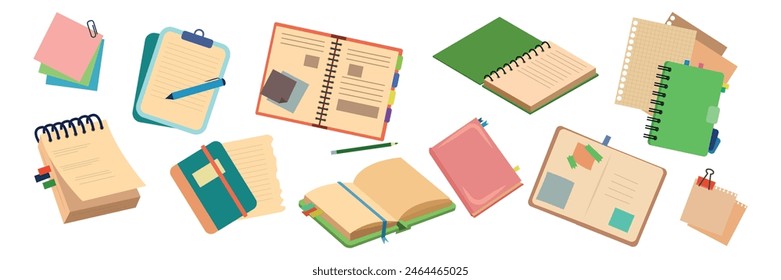 Set of a large collection of notebooks in cartoon style. Vector illustration of different notebooks, organizers, colored sheets, pen and pencil isolated on white background. Open and closed notebooks.