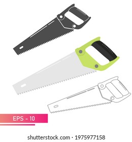 Set, Large convenient wood saw. Linear, solid and realistic design. On a white background. Carpenter tools. Flat vector illustration.