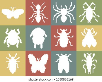 Set of large and detailed icon set of pixel art insects