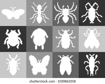 Set of large and detailed icon set of pixel art insects