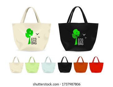 set of large eco  cloth bags. Vector template for Colorful Women Bag summer 2020 design.  Isolated on white background. Flat design fabric shopping bag in different colors. 