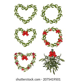 Set of large frames from mistletoe. Circle for Christmas, greeting lettering. Blank for designers, logo, icon