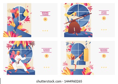 Set with large landing page templates with girls doing martial arts training. Aikido, boxing, kickboxing, karate exercises in front of windows, decorated with greenery, drawn with bright gradients