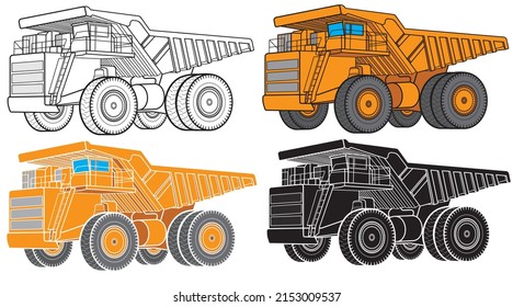 Set of Large mining truck. Big yellow mining truck. Loading coal into the back of a truck. Production of minerals. Mining dump truck for transportation from a quarry. Vector illustration