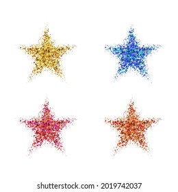 A set of large multicolored stars consisting of small random confetti stars. Vector illustration.
