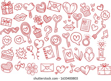 A set of large red and white linear simple doodle icons of beautiful hearts, gifts, envelopes, love items for the feast of love Valentine's Day. Vector illustration.