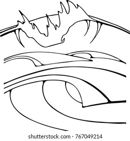 Set of large sea waves for surfing on a white background. Vector image in style painted by hands.