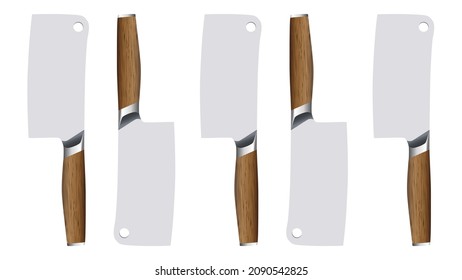 set of Large sharp cleaver knives with wooden handle isolated on white background, colourful cleavers knives