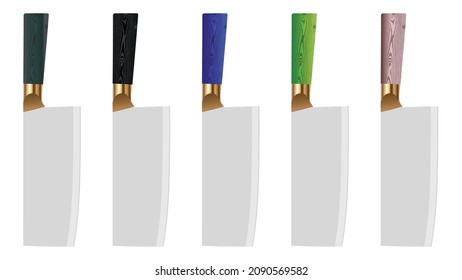 set of Large sharp cleaver knives with wooden handle isolated on white background, colourful cleavers knives