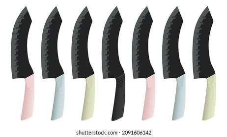 set of Large sharp cleaver knives with wooden handle isolated on white background, colourful cleavers knives