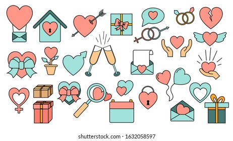 A set of large simple flat-style icons of beautiful hearts, gifts, envelopes, love items for the feast of love Valentine's Day February 14 or March 8. Vector illustration
