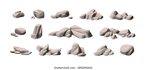 Set of large and small heavy polygonal stones. Collection of cobblestone piles. Compositions of natural solid rocks. Monochrome vector illustration of gray boulders isolated on white background
