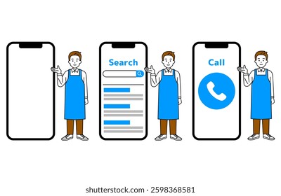 Set of a large smartphone and a man in an apron